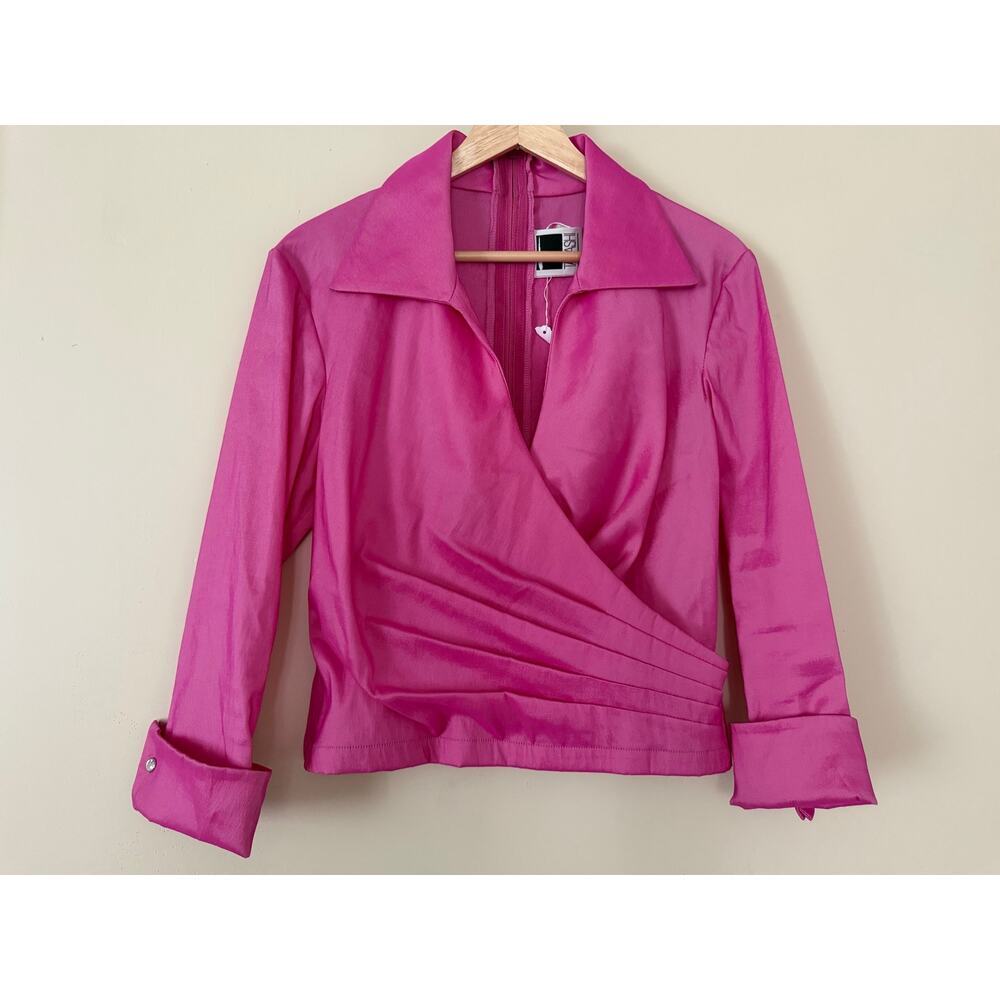 VTG Tadashi Shoji Wrap Evening Blouse Ruched Hot Pink Designer Size 8 Structured